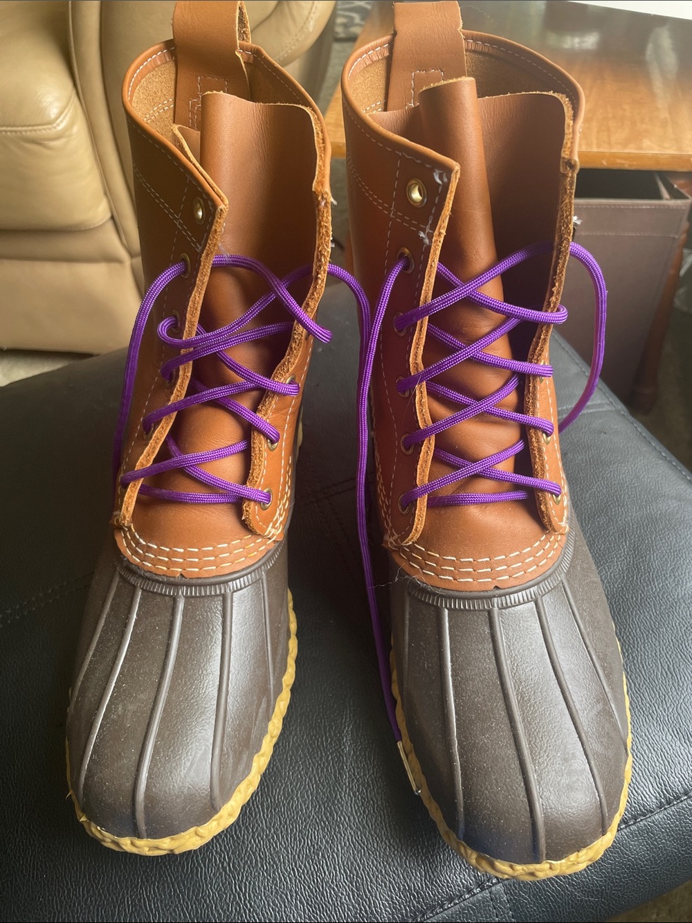 L.L. Bean Chestnut and Dark Brown Bean Boots with Purple Laces